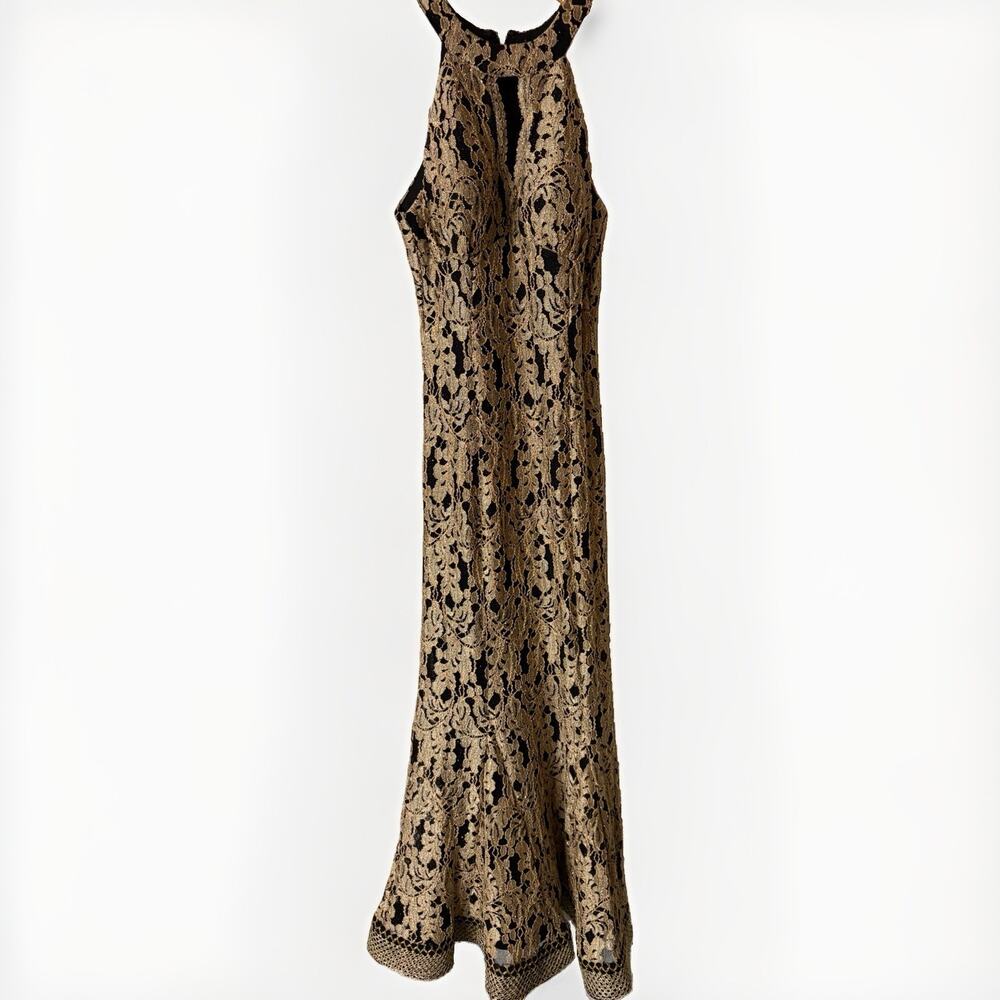 Nightway Formal Gown Women’s 6 Black Gold Metallic Lace Halter Maxi Evening Dres